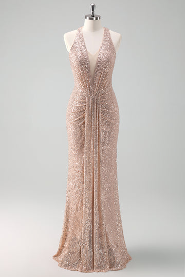 Sparkly Blush Halter Mermaid Long Prom Dress
